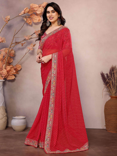 Classy Red Georgette Zari Embroidered Event Wear Saree With Blouse